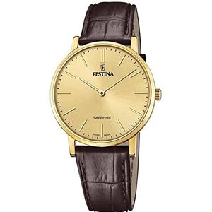 Festina Herenhorloge F20016/2, gemaakt in Zwitserland, roestvrij staal, bruine leren band, bruin/goud, armband, Bruin/Goud, armband