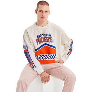 TRENDYOL MAN Heren ECU mannelijk oversized fit lange mouwen fietskraag bedrukt sweatshirt, ecru, S, ECRU