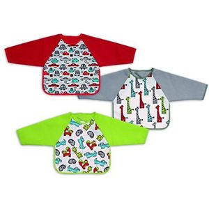 Ti TIN | 3 stuks slabbetjes van badstof, bedrukt, waterdicht met mouwen, 30 x 34 cm, 73% katoen, 27% polyester, slabbetjes voor baby's van 6 tot 18 maanden, met klittenbandsluiting, autodieren, meerkleurig, 120 g/m²