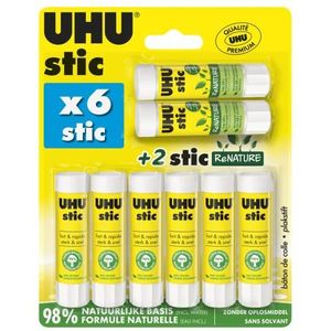 UHU Stic - Lijmstiften zonder oplosmiddel, wit, 6 stuks à 8,2 g plus 2 stickers Renature 8,2 g