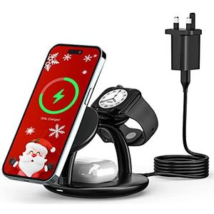 Draadloze oplader, 3-in-1 magnetisch laadstation met 1 m USB-C kabel voor iPhone 14/13/12 Pro/XS/Max/Mini, AirPods 3/2/Pro, iWatch Ultra/8/7/6/SE/5/4/3/2 (18 W QC 3.0 adapter inbegrepen)