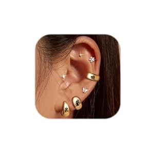Dochais 7 paar oorbellen van chirurgisch staal 316L - medische oorbellen - Huggie hoepel oorbellen - multipiercings - 14 karaat verguld - hypoallergeen - voor dames en meisjes, Zirkonia