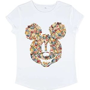 Disney Classic - Dames T-shirt met rolluis - bloemenpatroon Micky Mouse, Wit
