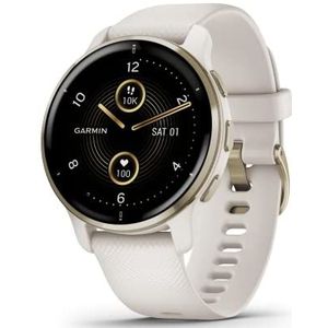 Garmin Venu 2 Plus GPS-smartwatch voor multisport, met oproepen via Bluetooth en gezondheidstracker, crèmegoud met ivoorkleurige siliconen armband, 43 mm behuizing (gereviseerd)