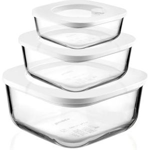 Guzzini - Kitchen Active Design, STORE&MORE GLASS set van 3 luchtdichte glazen containers voor koelkast/vriezer/magnetron - transparant, 19,5 x 19,5 x 9,3 cm | 410/965/1900 cc - 11330311