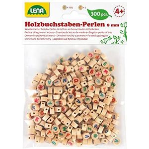 Lena 32051 knutselset letterkralen van hout, 300 ronde rijgkralen en met kleurrijke letters, houten kralenset voor kinderen vanaf 3 jaar, om zelf kralen te knutselen, natuurlijk bruin