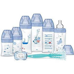 DODIE geboorteset - 6 Sensation anti-koliek babyflessen (2 x 150 ml; 2 x 270 ml; 2 x 330 ml), 1 anatomische fopspeen 0-6 maanden, 1 flessenborstel - BPA-vrij - zeeblauw
