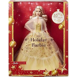 Barbie Signature Merry Christmas 2023, speciale feestverzamelpop met gouden avondjurk, blond haar en presentatieverpakking, om te verzamelen, speelgoed voor kinderen vanaf 3 jaar, HJX08