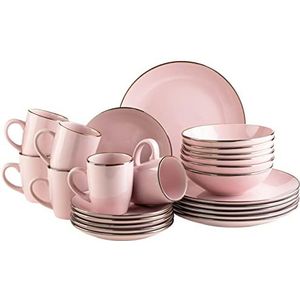 Modern tafelservies voor 6 personen, met messing rand, 24-delig met snijvormen zonder rand, roze