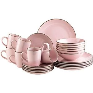 Modern tafelservies voor 6 personen, met messing rand, 24-delig met snijvormen zonder rand, roze