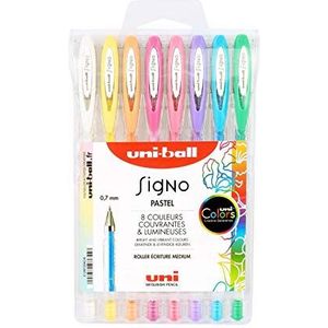 uni-ball Mitsubishi Pencil Signo, 8 rollerball gelroller, pastelkleuren, punt 0,7 mm, schrijfkleur medium, fantasieskates voor creatieve hobby's en kaarten