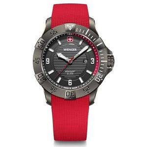 WENGER Seaforce 01.0641.138 polshorloge voor heren, kwarts, analoog, diameter 43 mm, gemaakt in Zwitserland, waterdicht tot 200 m, siliconen band, Zwart/Rood, Rode siliconen band