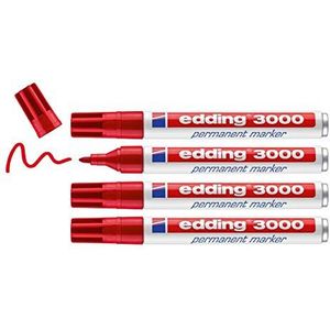 edding 3000 Permanent marker - rood - 4 stiften - ronde punt 1,5 - 3 mm - droogt snel - water- en veegbestendig - voor karton, kunststof, hout, metaal - universele marker