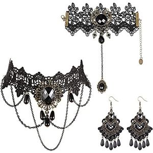 LOLIAS Halloween sieraden set halsketting armband oorbellen dames zwart kant Lolita Steampunk vampier gothic victoriaans, kralen, strass steentjes