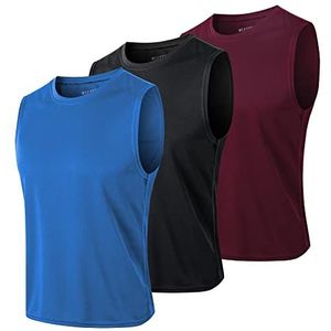 MEETYOO Heren tanktop, mouwloos T-shirt, hardloopshirt, voor sport, joggen, krachttraining, blauw + zwart + rood