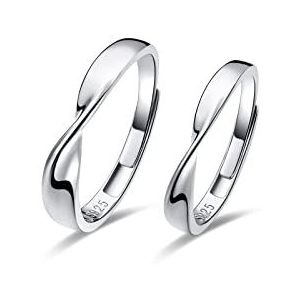 Paar ringen van 925 sterling zilver, witverguld, met kristal, zirkonia, verlovingsringen, trouwring, cadeau voor koppels, sieraden voor vrouwen en mannen, Zilver Lak zilverkleurig, Geen edelsteen