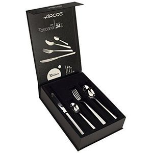 Arcos Serie Toscana – geschenkdoos bestekset 24-delig (6 messen + 12 lepels + 6 vork) – eendelig roestvrij staal, kleur zilver