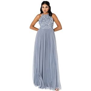 Maya Deluxe Maya Deluxe Dusty Blue Embellished Halter Neck Maxi Dress dames Bruidsmeisjesjurk, Dusty Blauw, 56