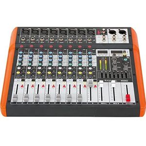 Ibiza - MX802 - Semi-professionele 8-kanaals complete mixer (8-bands equalizer) met MONO-ingangen en REC, RCA, hoofdtelefoon en AUX - Bluetooth & USB - Zwart en oranje
