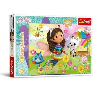 Trefl - Glitter puzzel: Gabbys's Dollhous, Gabby Briljant Glitter - 100 stukjes glitter puzzel - Glitter puzzel met stripfiguren, vrije tijd voor kinderen vanaf 5 jaar