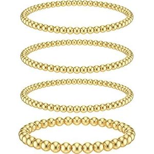 Dochais Set van 4 armbanden van 14 karaat goud voor dames en heren, verstelbaar en hypoallergeen, stapelbare kogelkralen, rekbare armbanden in goud, Messing