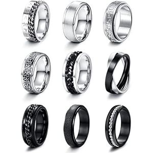 CASSIECA Set van 9 zilveren en zwarte roestvrijstalen ringen voor heren, mat gepolijst, open ringen voor bruiloft, verloving, verloving, maat N1/2-Z1/2, staal, zilver