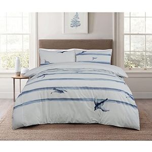 Sleepdown Beddengoedset van 100% katoen, kustvogel, dekbedovertrek en kussensloop, wit/blauw, effen kleur, kingsize, 230 x 200 cm