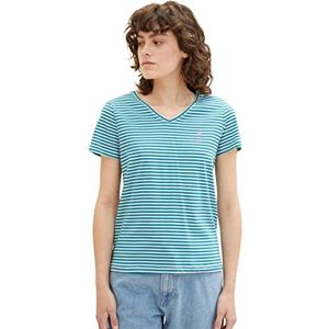 TOM TAILOR 1036889 Geborduurd T-shirt voor dames (1 stuk), 32150 - Petrol Blue Thin Stripe