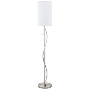 EGLO Vloerlamp Espartal, 2-lichts staande lamp, modern, elegant, staande lamp van staal, aluminium, textiel, woonkamerlamp in nikkel-mat, wit, lamp met trekschakelaar, led en E27-fitting