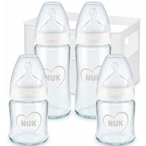 NUK First Choice+ Babyflessen van glas, starterset, 0-6 maanden, 4 x anti-colic-babyflessen en flessenbox, BPA-vrij, hart (neutraal), 5 stuks