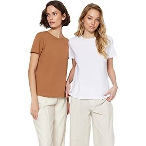 Trendyol T-shirt basique en tricot à col rond pour femme, Camel-blanc, M
