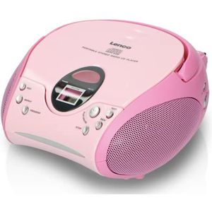 Lenco CD-speler SCD-24 voor kinderen, stereo-systeem, AUX-in-hoofdtelefoonaansluiting, LCD-display, batterij en voeding, roze