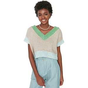 Trendyol V-hals Colorblock Regular Pullover Vest Dames Pullover (1-pak), Steen, L, Steen