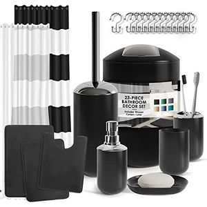 Clara Clark Ensemble d'accessoires de salle de bains 23 pièces avec rideau de douche avec doublure, tapis, distributeur de savon, brosse WC et poubelle, noir