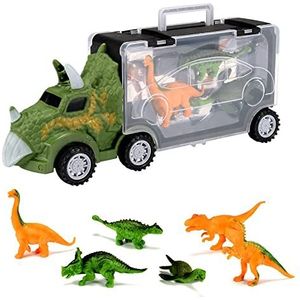 Oderra Dinosaurus Vrachtwagen – speelgoed dinosaurus, auto kinderen met 3 mini-auto's, speelgoed voor dinosaurussen, meisjes en kinderen, speelgoed jongens 3 jaar, dinosaurus met knoopcelbatterij (groen)
