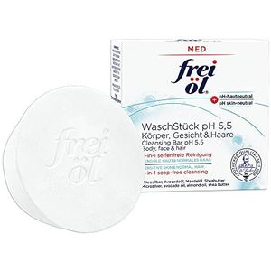 frei öl® MED Wasstuk pH 5,5, 3-in-1 zeepvrije reiniging voor lichaam, gezicht en haar, pH-huidneutraal, microbiomvriendelijk, microzilver, amandelolie, avocado-olie, veganistisch, 90 g