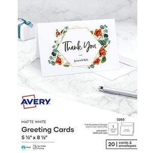 Avery Greeting kaarten, inkjetprinter, 20 blanco kaarten en enveloppen 5,5 x 8,5 cm, gevouwen (3265)