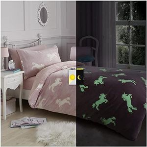 Beddengoedset met eenhoorn-motief, lichtgevend fleece, voor tweepersoonsbed, roze