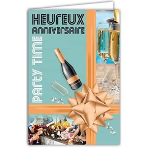 Afie 65-1354 wenskaart voor verjaardag, feest, tijd, feest, drinker, gezondheid, champagne, fles, fluit, geschenk, strik, groep vrienden en bar aperitief - incl. envelop - gemaakt in Frankrijk