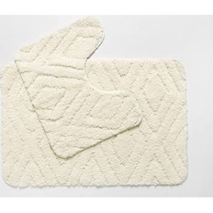 Penguin Home Set van 2 zachte microvezel badmatten diamant patroon crème rechthoekige U-vorm contour absorberend wasbare badmat achterkant latex antislip 50 x 80 en 50 x 40 cm