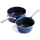 Blue Diamond Set van steelpannen, 15 en 18 cm, met antiaanbaklaag, van keramiek, versterkt met diamanten, PFAS-vrij, vaatwasmachinebestendig, ovenbestendig, blauw