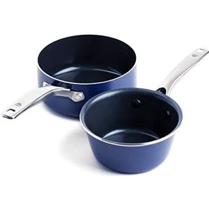 Blue Diamond Set van steelpannen, 15 en 18 cm, met antiaanbaklaag, van keramiek, versterkt met diamanten, PFAS-vrij, vaatwasmachinebestendig, ovenbestendig, blauw