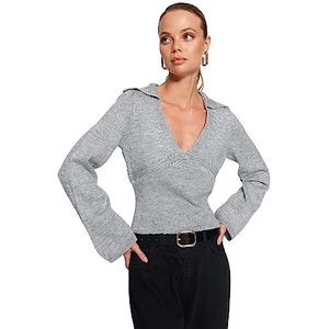 Trendyol FeMan Pull en tricot à col polo coupe ajustée, gris, taille M, gris, M