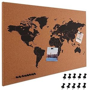 BAKAJI Wereldkaart van kurk, geografische kaart, wereldkaart, houten frame, afmetingen 60 x 40 cm, wanddesign, modern design, met 10 punten, cadeau-idee