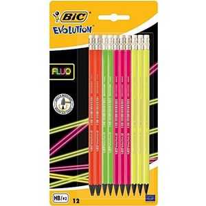 BIC Ecriture Evolution Fluo potloden, grijs, met geïntegreerde gum, HB, op kleur gesorteerd, blister met 12 stuks