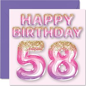 Verjaardagskaart 58 jaar dames - roze en paarse glitter ballonnen - verjaardagskaarten voor vrouwen 58 jaar, moeder, oma, oma, tante, 145 mm x 145 mm, 58 jaar, 58 jaar,