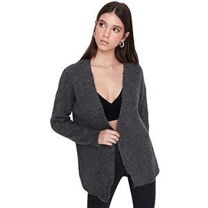 Trendyol Cardigan en tricot à col à revers standard pour femme, Anthracite, L