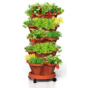 Tectsia Stapelbare bloembak voor aardbeien, verticale tuin, 5 stapelbare niveaus, met beweegbare wielen en onderste schotel voor binnen en buiten, terracotta