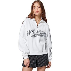 Koton Sweat-shirt à manches longues et col montant brodé avec fermeture éclair pour femme, Écru(010), M