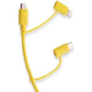 ESPRINET Pantone 3-in-1 kabel, geel, 1,2 m, USB-C, Lightning en micro-USB-aansluiting in één kabel, uitgangsvermogen tot 2,4 A, omkeerbare USB-C-adapter